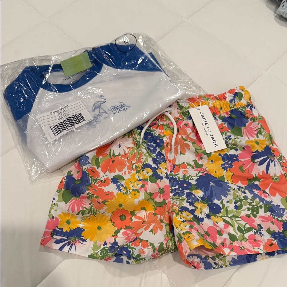 Janie and Jack Multicolor Floral swim trunks and matching rash guard size 5